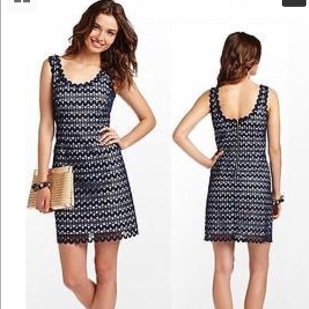 NWT Lilly Pulitzer Lonnie Shift Dress sz 0 Navy Ric Rac Geometric Lace Cotton